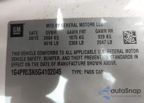 2016 Buick Verano Convenience Group from USA, damaged, VIN 1G4PR5SK6G4102045